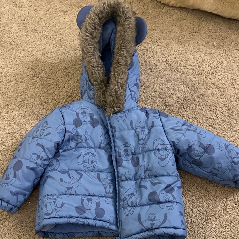 Disney Blue Mickey & Friends Puffer Coat with Faux Fur Hood